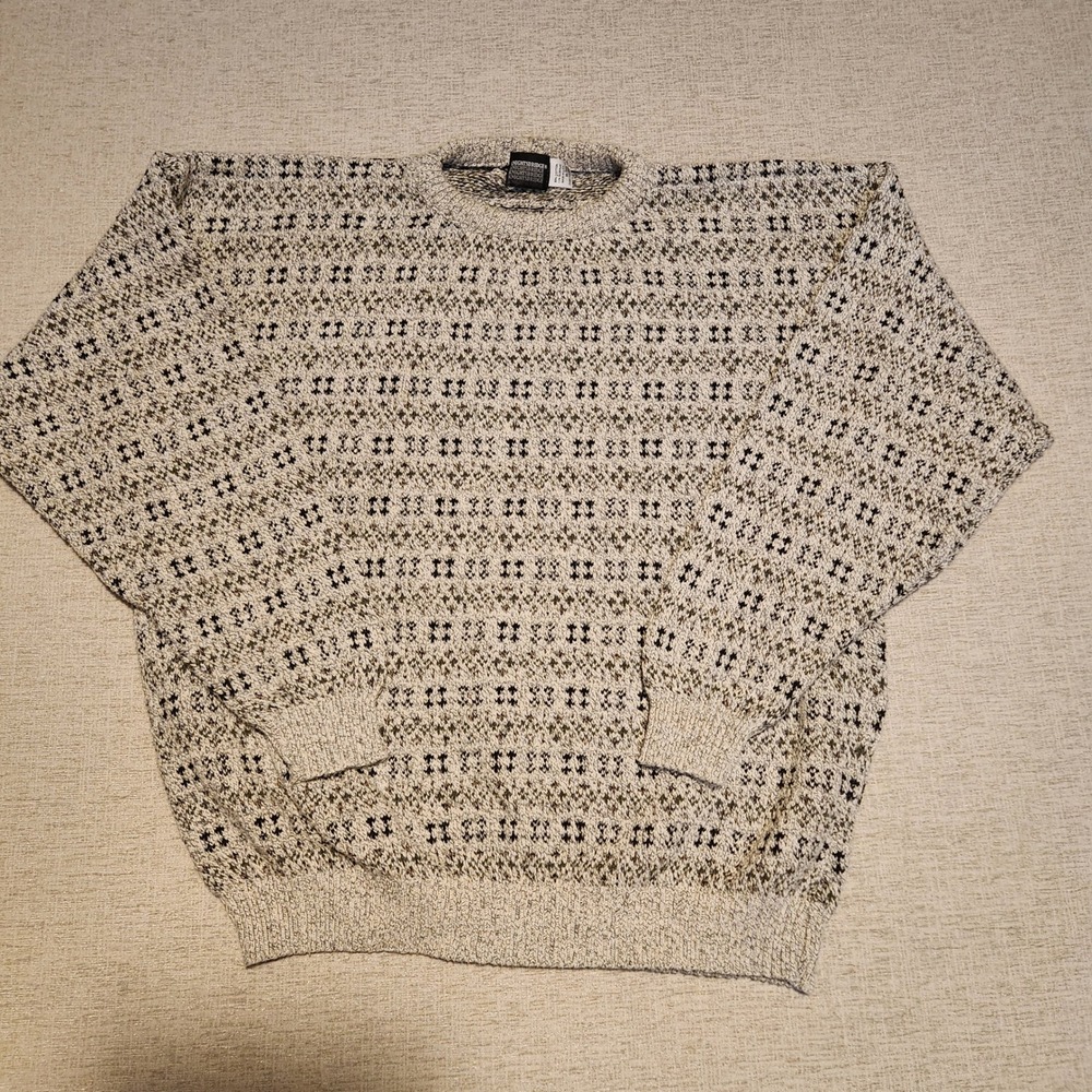 Knightsbridge Sweater Mens XL‎ Beige Black Geometric Knit Vintage Cotton Blend
